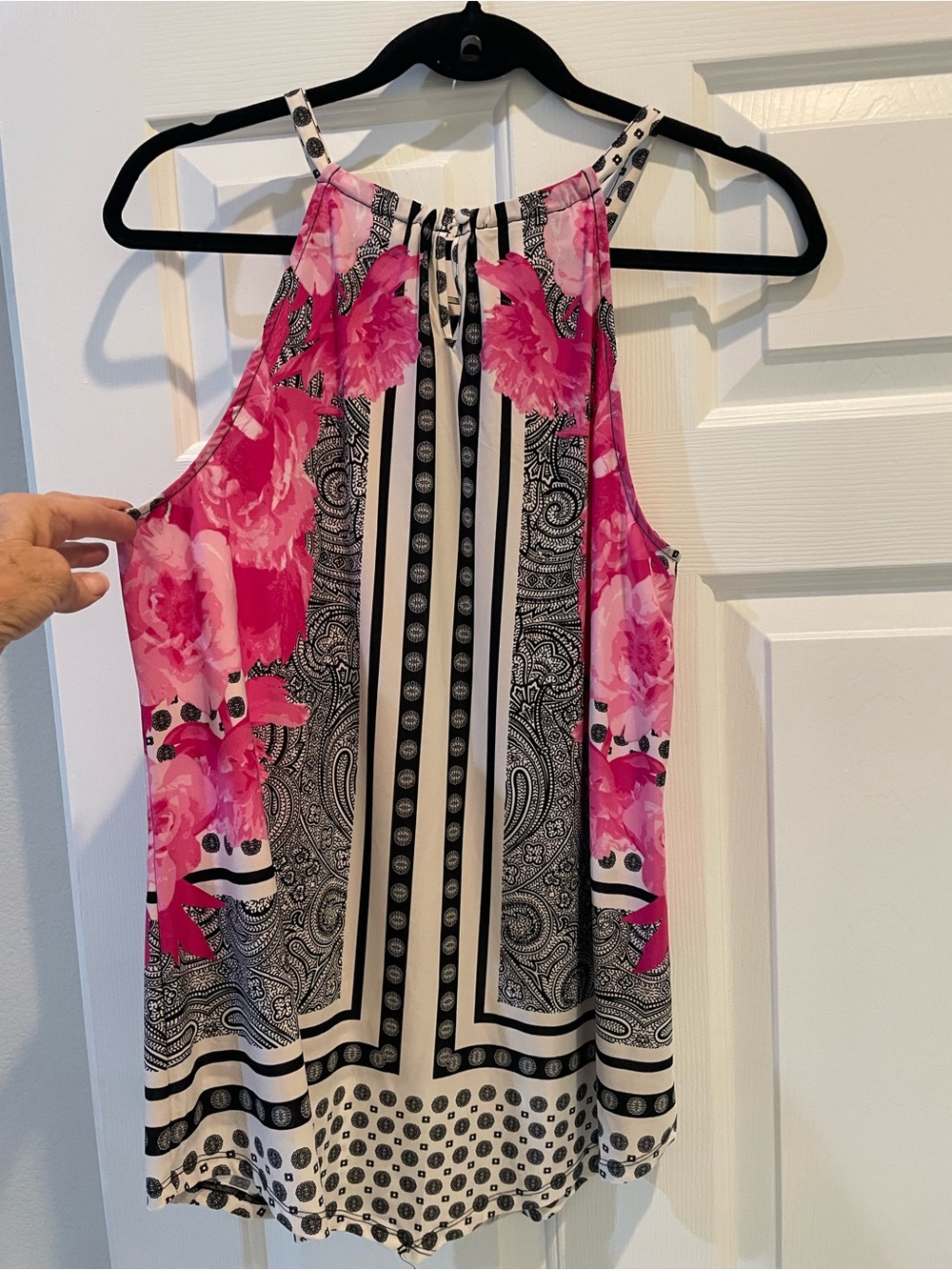 INC International Concepts Pink Floral Halter Tank with Black & White Paisley L